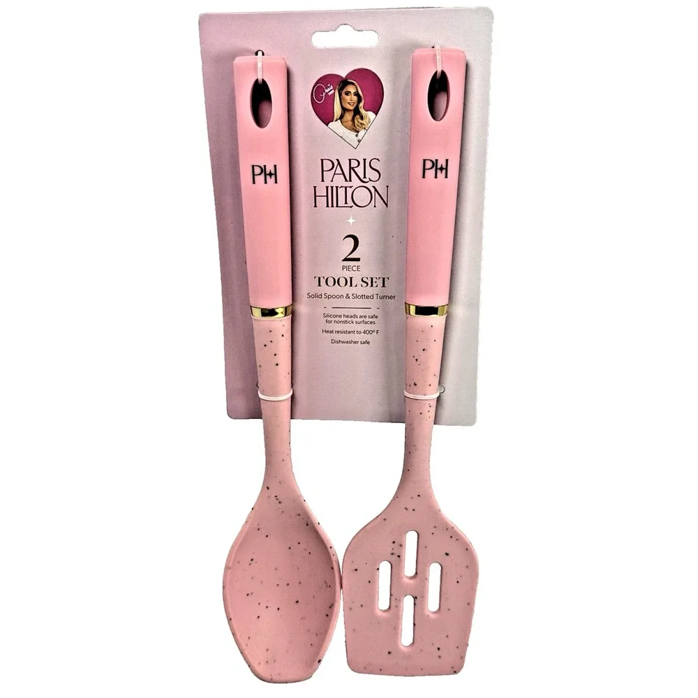 Paris Hilton 2 Piece Kitchen Tool Set Pink Silicone Spoon & Slotted Turner New
